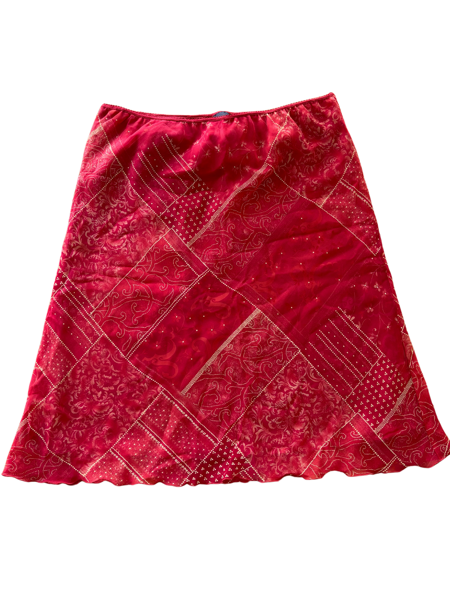 90s/00s Red & Cream Patchwork Knee Length Chiffon Overlay Slip Skirt