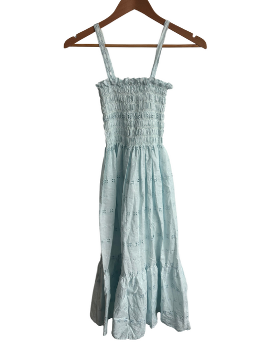 70s Light Blue Shirred Broderie Anglaise Midi Dress