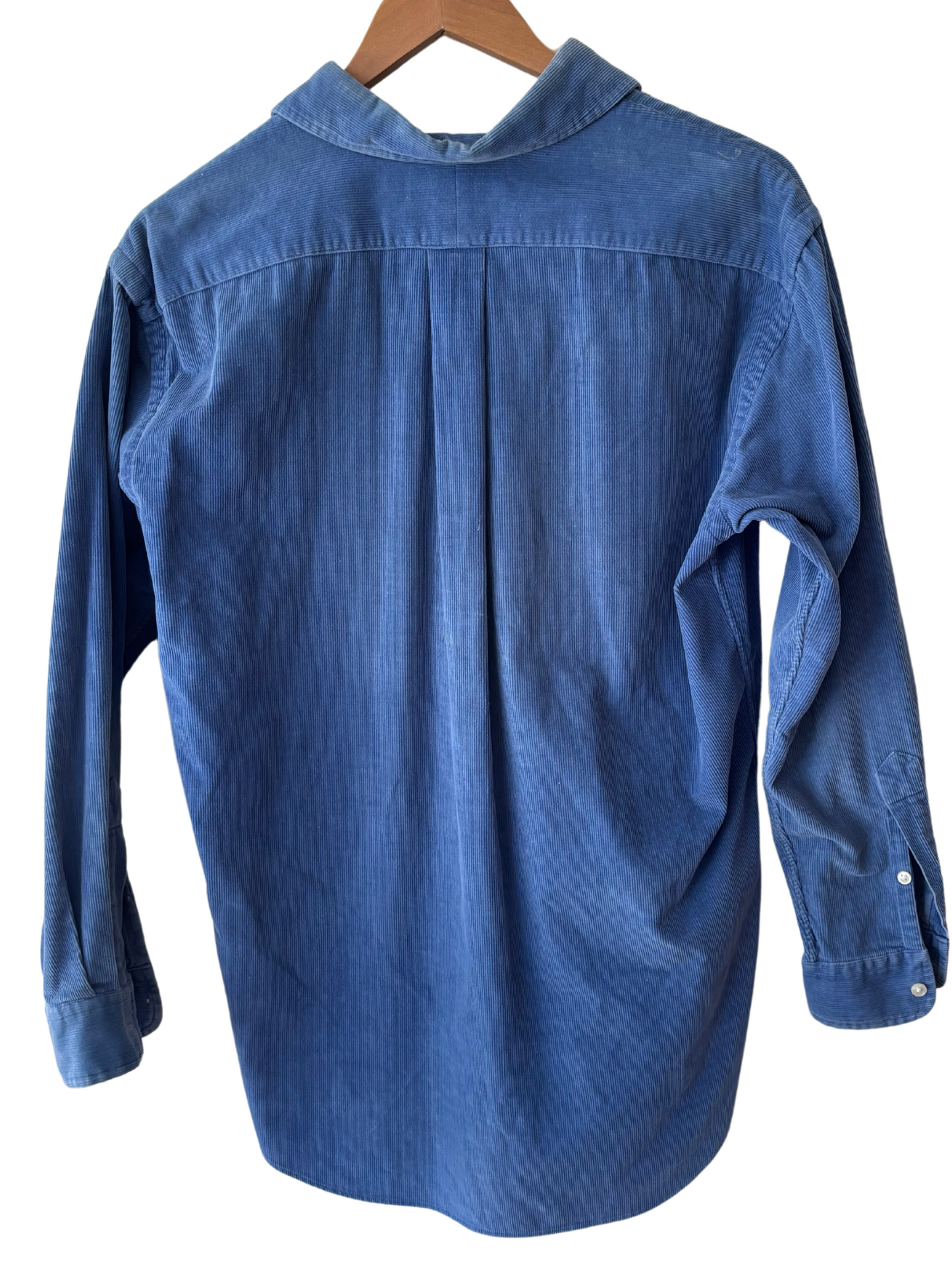 Light/Mid Blue Corduroy Long Sleeve Button Up Shirt with Red Embroidered Detail