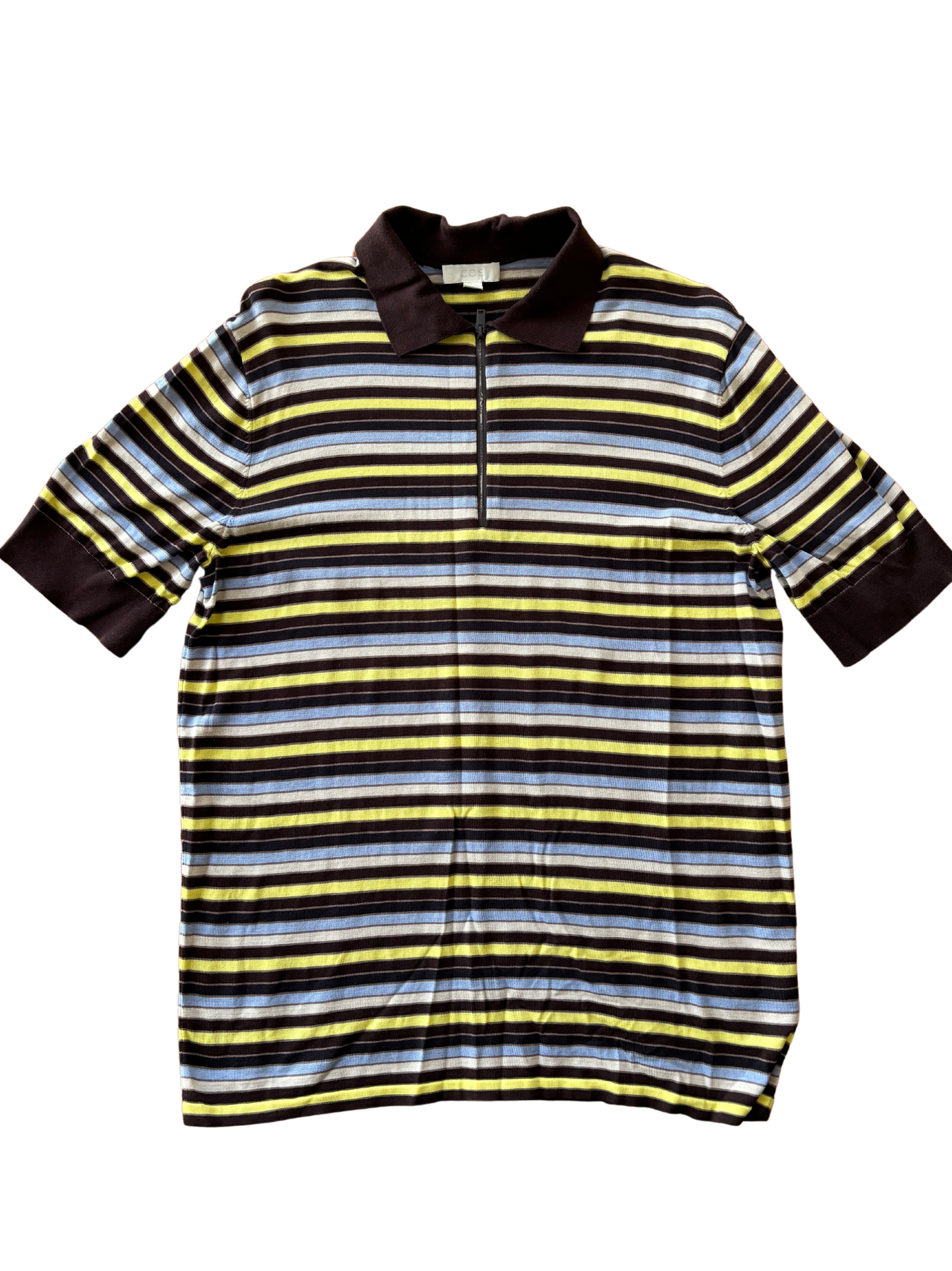 Brown, Yellow, Blue & Cream Stripe Quarter Zip Knit Polo Shirt