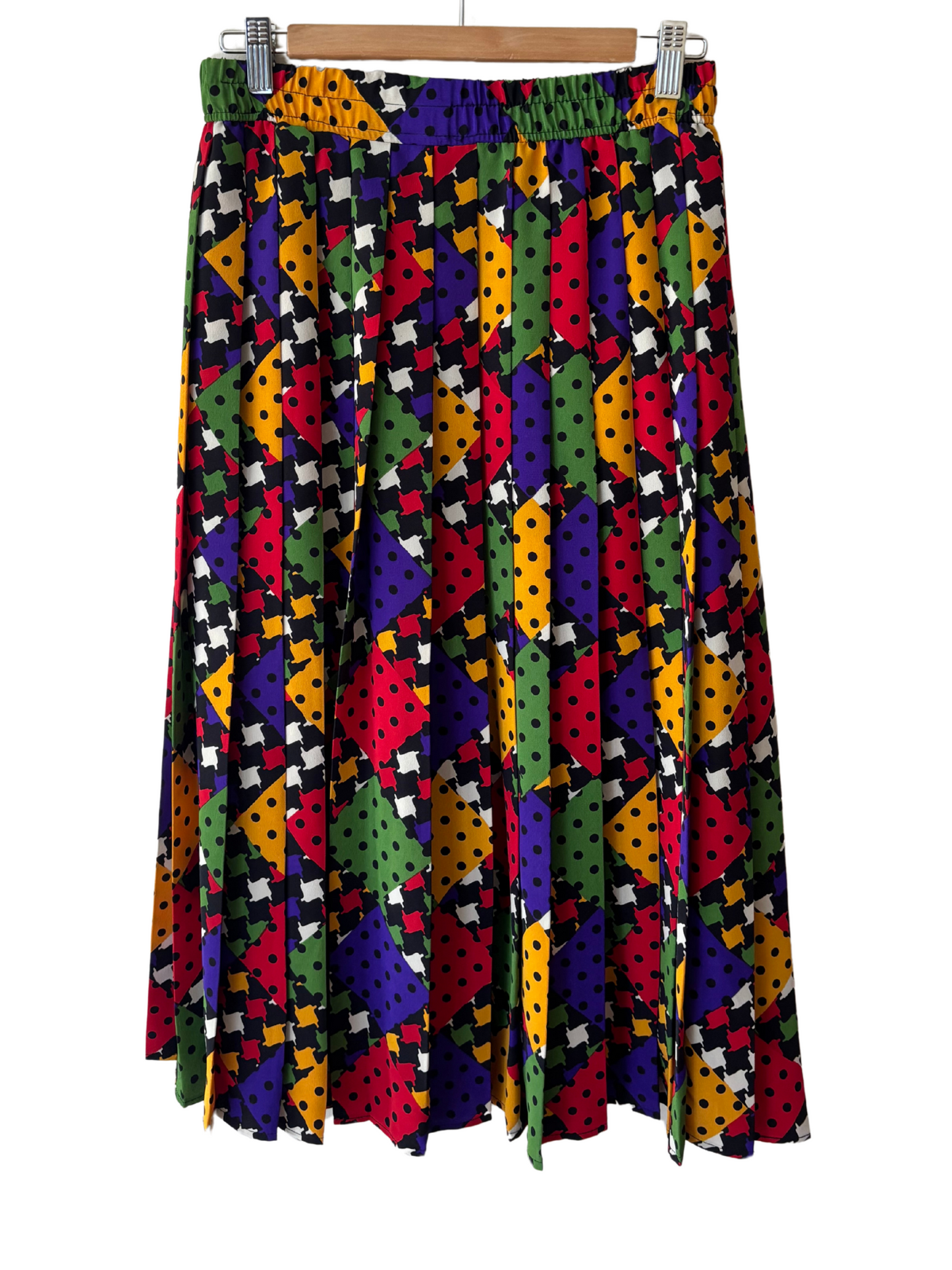 80s Black, White & Multicolour Houndstooth & Dot Patchwork Print Pleated Midi Skirt