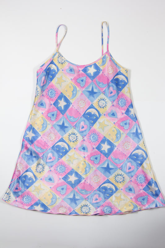 90s Patchwork Pink Blue Moon Lingerie Slip Dress