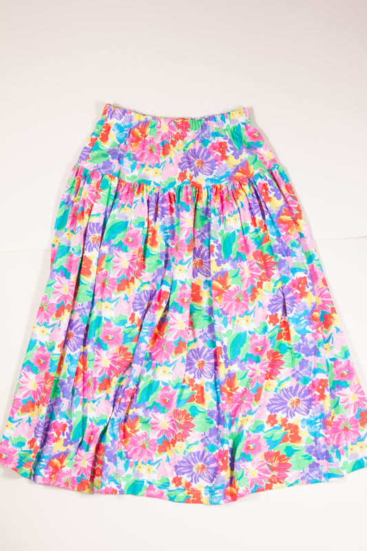 80s Bright Pastel Floral Midi Skirt