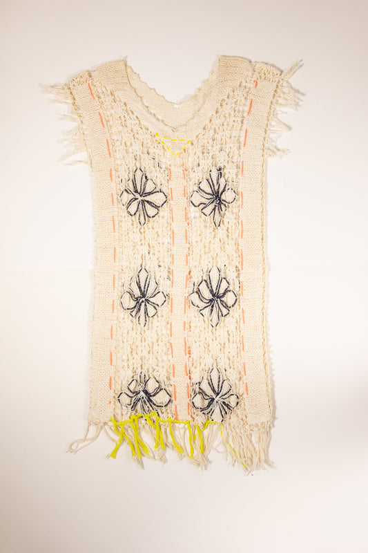 70s Knit Woven Cream Blue Caftan Pullover Sheer Dress