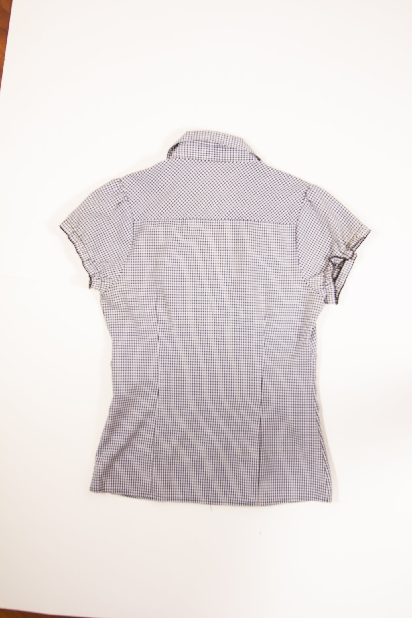 00s Black + White Check Frill Button Up Short Sleeve Top