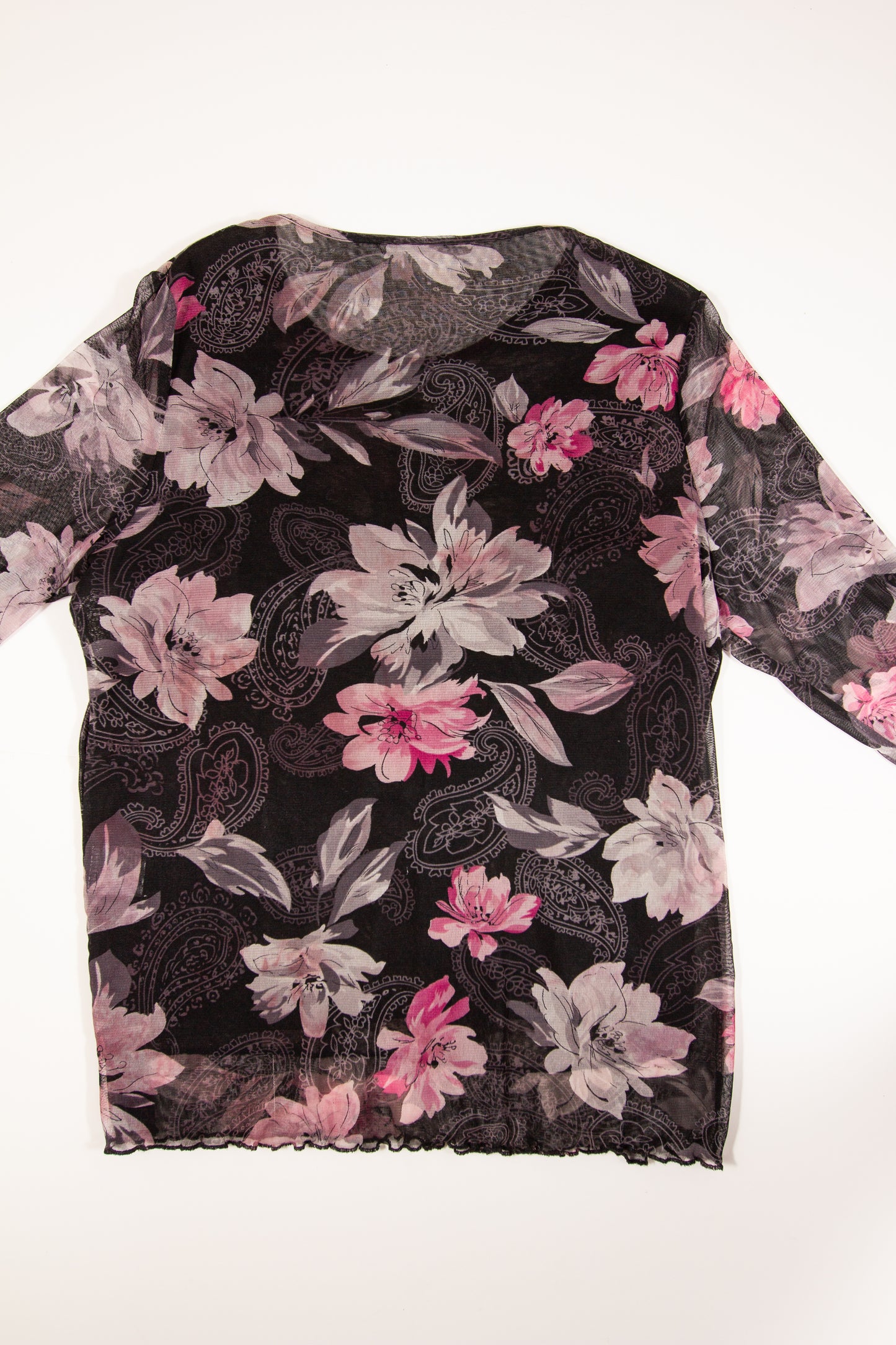 Black + Pink Floral Paisley Sheer Lettuce Hem Long Sleeve Top