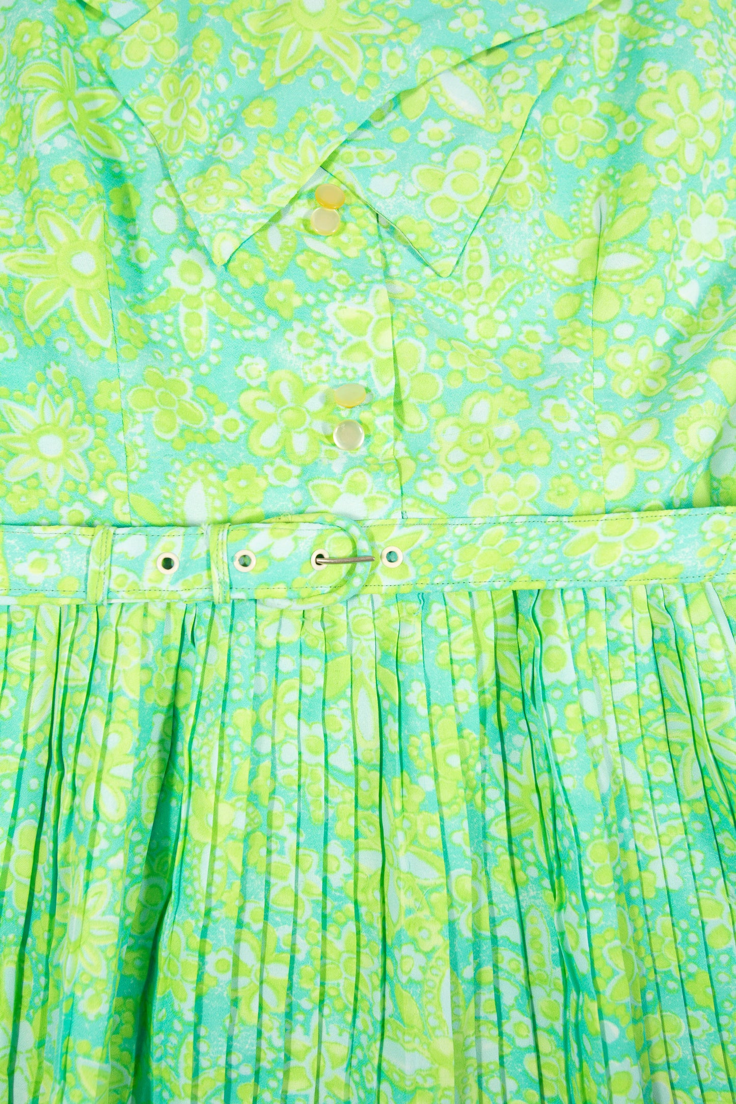 60s Lime Green Floral Belt Pleated Dress