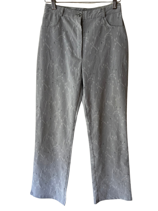 Vintage Light Grey Straight Leg 3/4 Pants with Floral Embroidery
