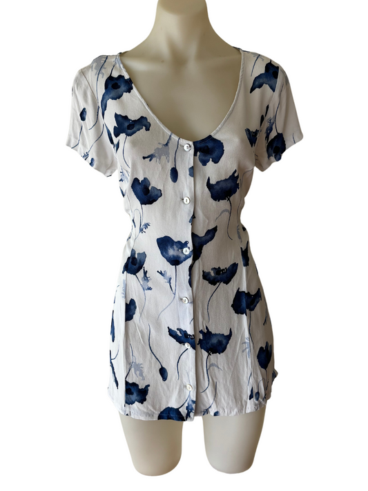 90s White and Blue Floral Tie Short Dress