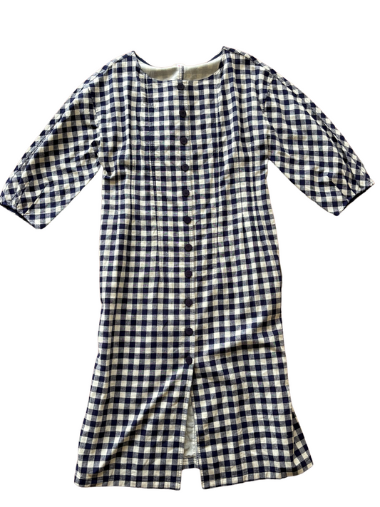 Navy and White Gingham Thick Midi Dress with Tie