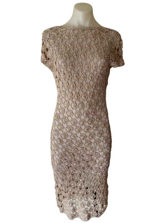 Vintage Gold Scoop Back Crocheted Knee Length Fitted Dress
