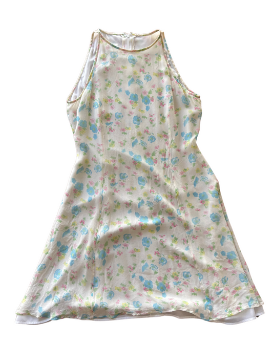 Vintage Cream Sleeveless Knee Length Dress with Blue & Pink Floral Pattern