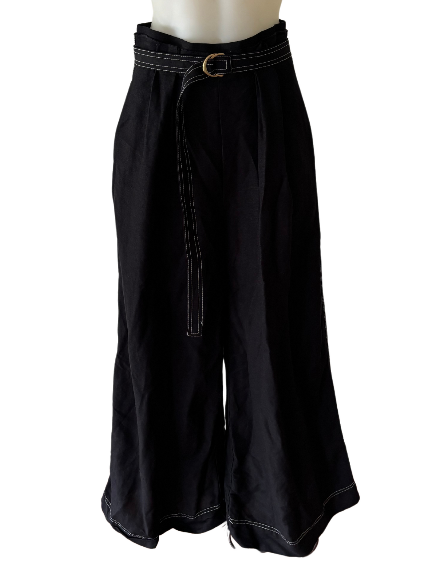 Black Highwaisted Wide Leg Pants with White Contrast Stitch and Belt