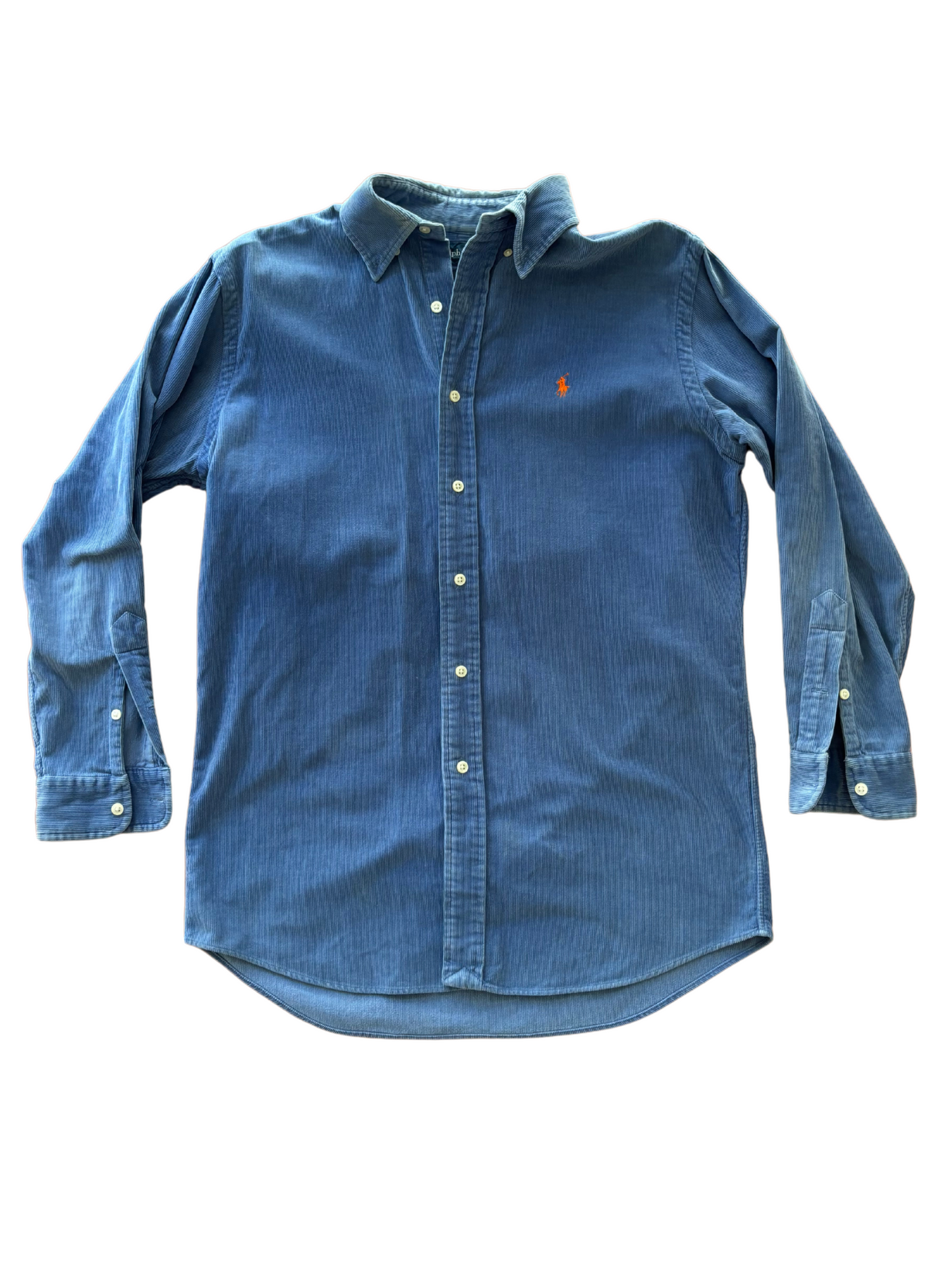 Light/Mid Blue Corduroy Long Sleeve Button Up Shirt with Red Embroidered Detail