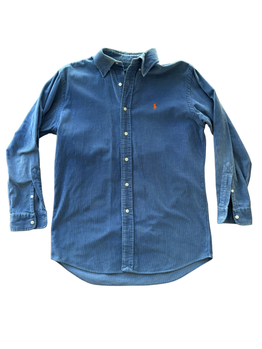 Light/Mid Blue Corduroy Long Sleeve Button Up Shirt with Red Embroidered Detail