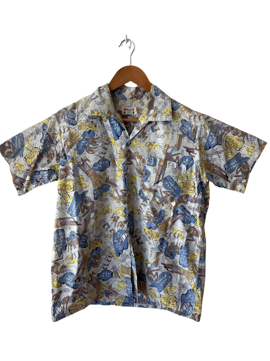 Vintage Blue, Brown & Yellow Ancient Egypt Print Short Sleeve Button Up Shirt