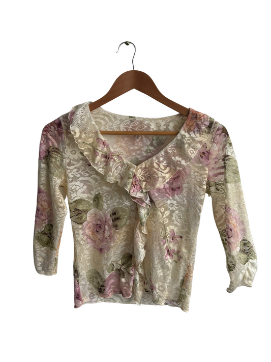 00s Cream & Pink Floral Lace Ruffle Top