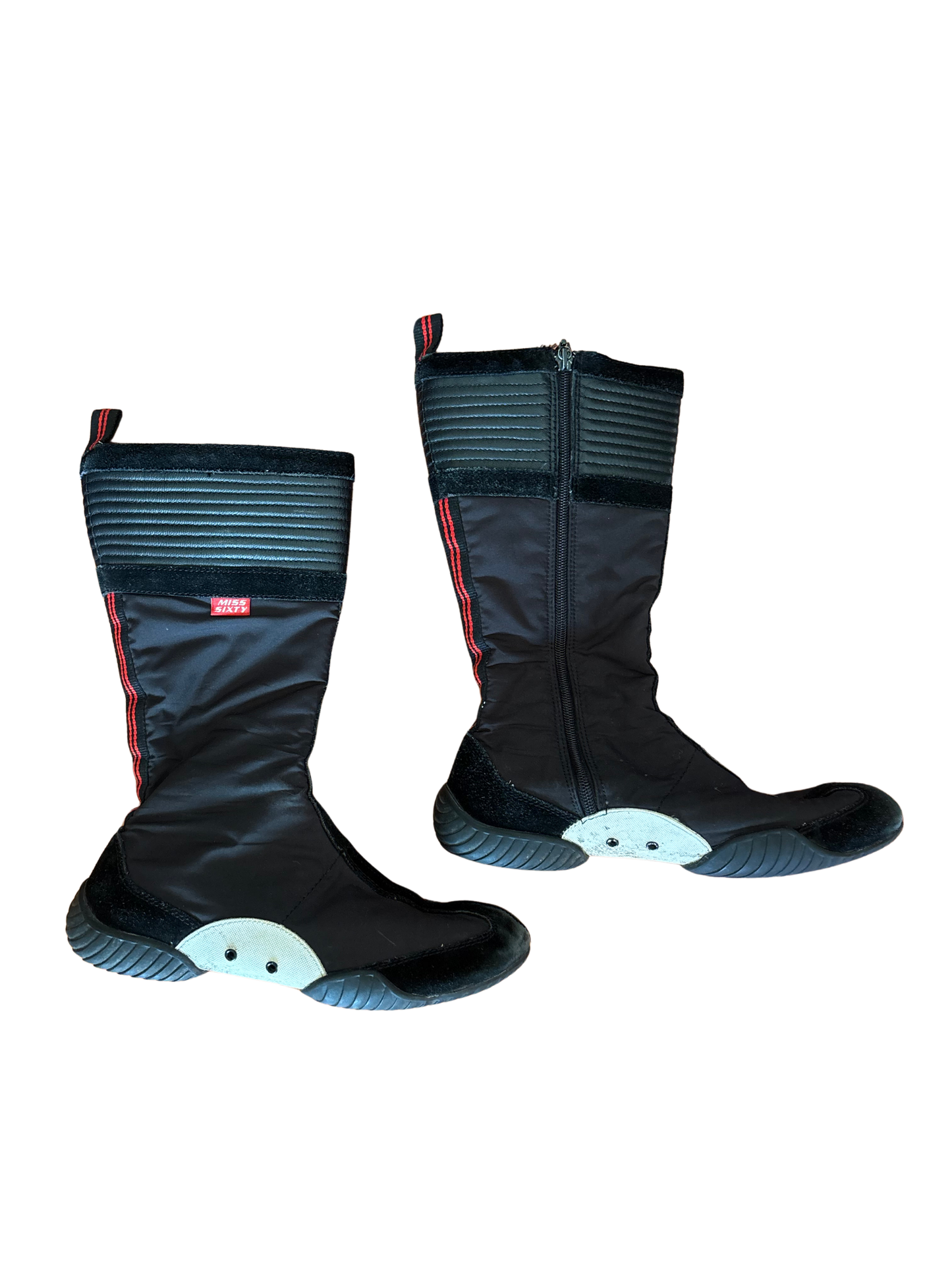 Vintage Black, White Red Mid-Calf Moto Boots