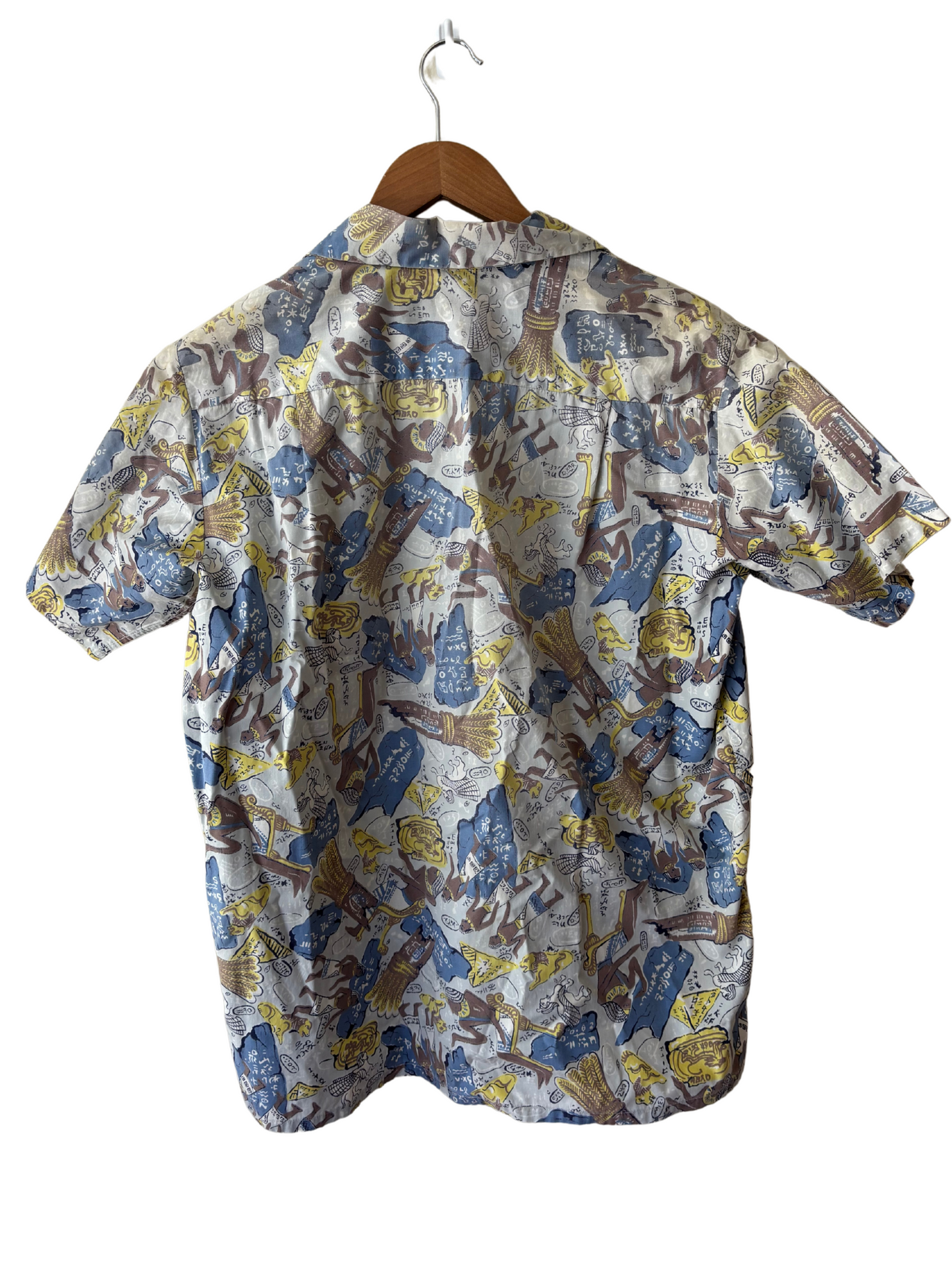 Vintage Blue, Brown & Yellow Ancient Egypt Print Short Sleeve Button Up Shirt