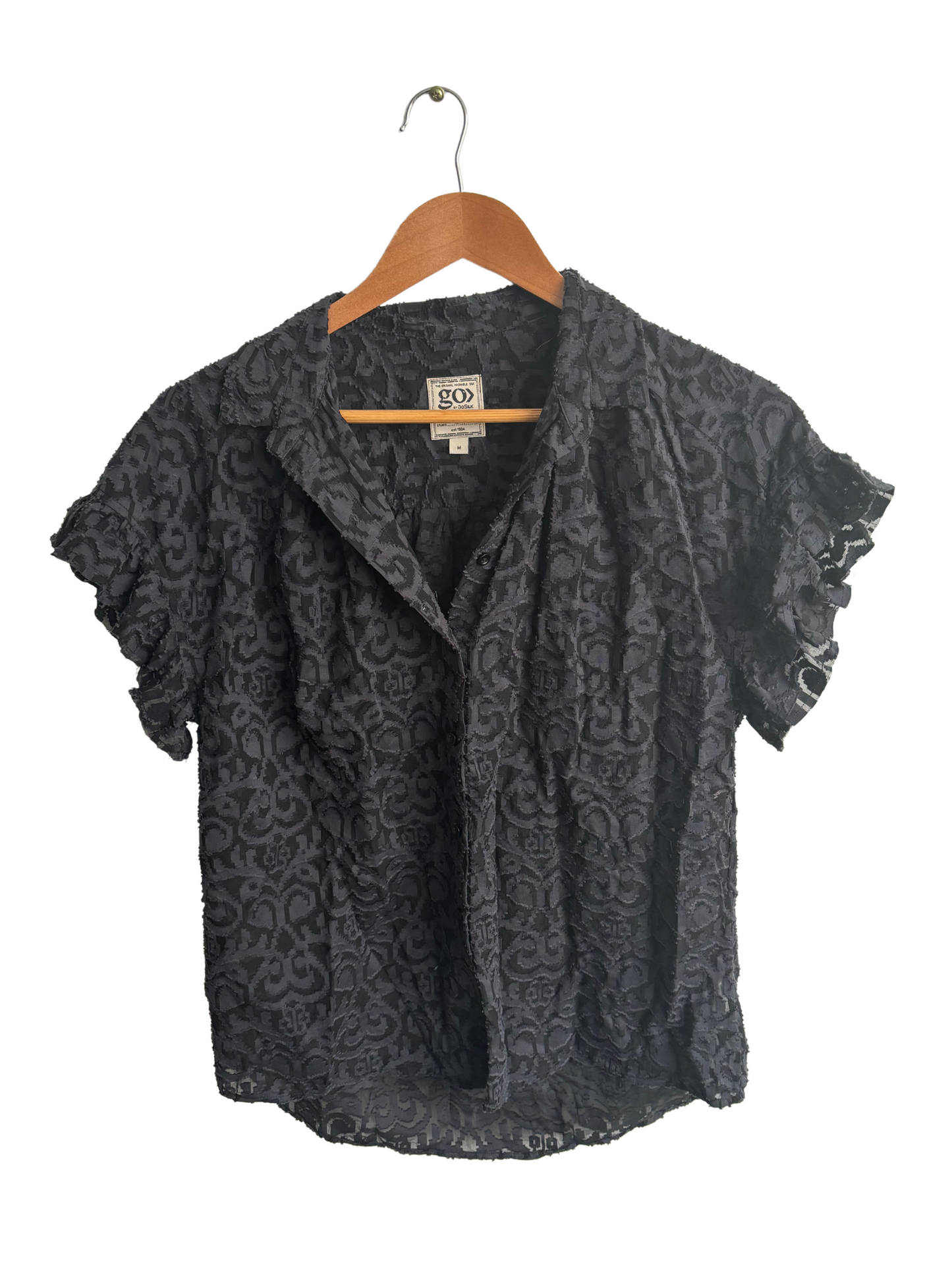 Black Semi Sheer Patterned Button Up Short Sleeve Top