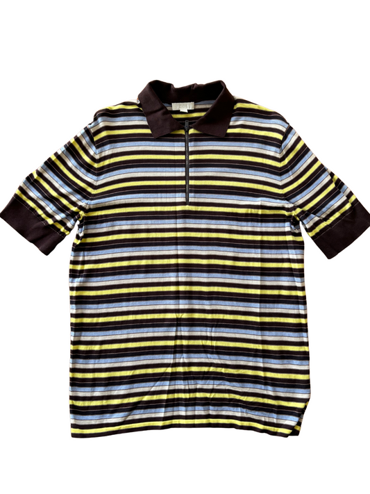 Brown, Yellow, Blue & Cream Stripe Quarter Zip Knit Polo Shirt