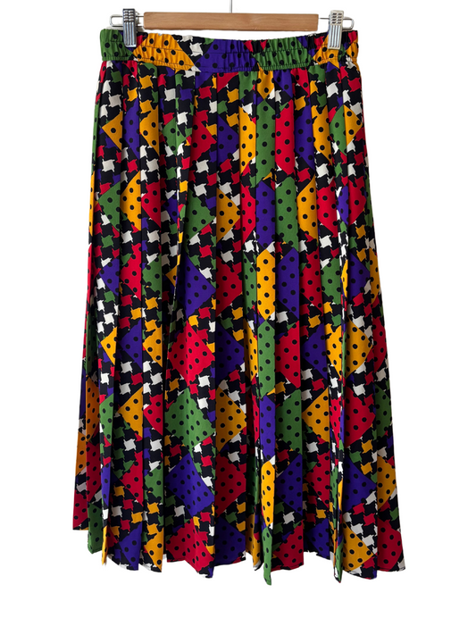 80s Black, White & Multicolour Houndstooth & Dot Patchwork Print Pleated Midi Skirt