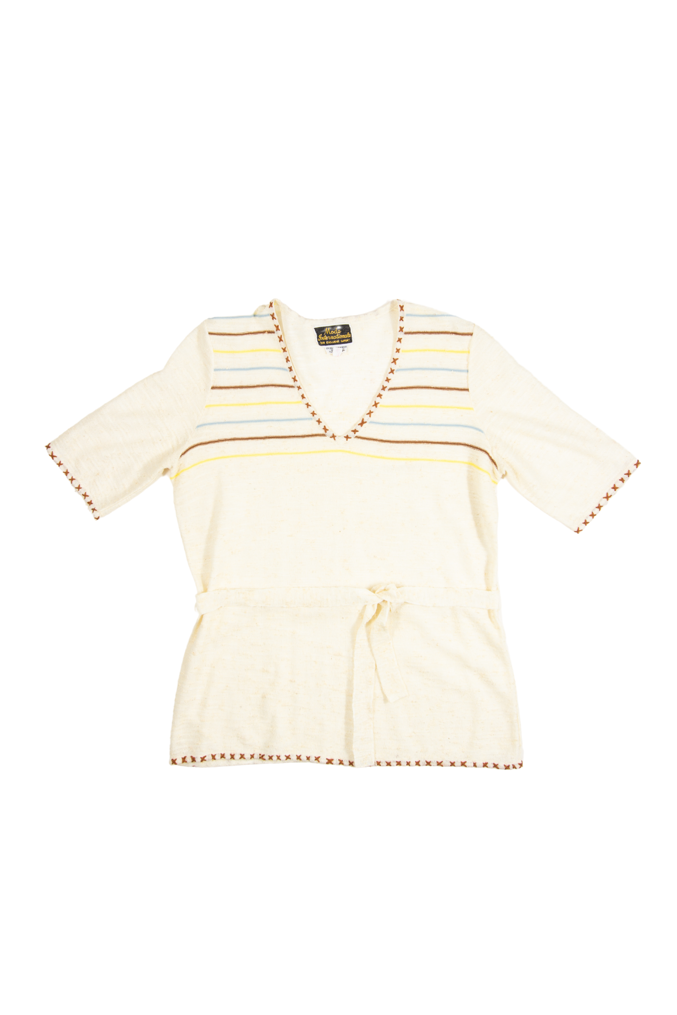 70s Cream Brown Striped V Neck Knit Top with Belt