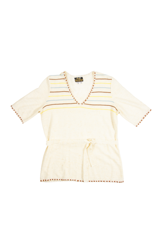 70s Cream Brown Striped V Neck Knit Top with Belt