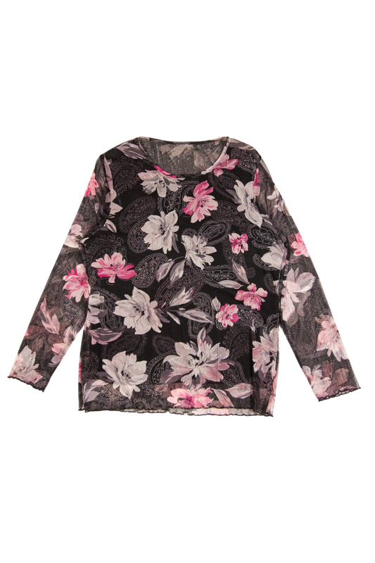 Black + Pink Floral Paisley Sheer Lettuce Hem Long Sleeve Top