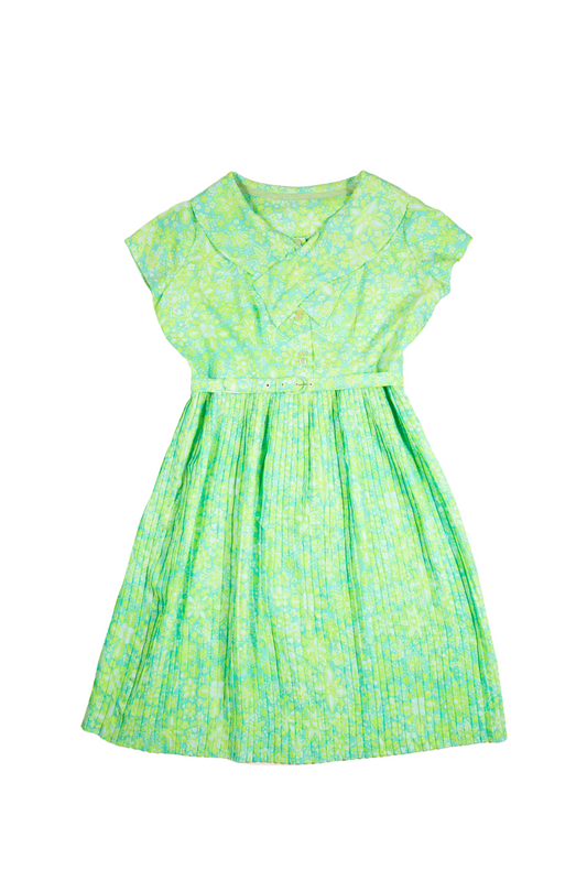 60s Lime Green Floral Belt Pleated Dress