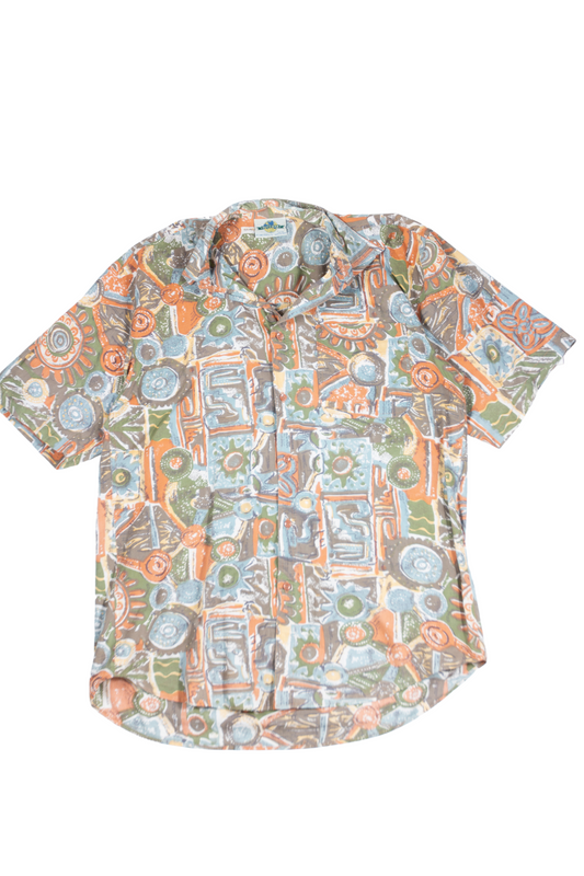 90s Green Orange Abstract Button Up Short Sleeve Shirt