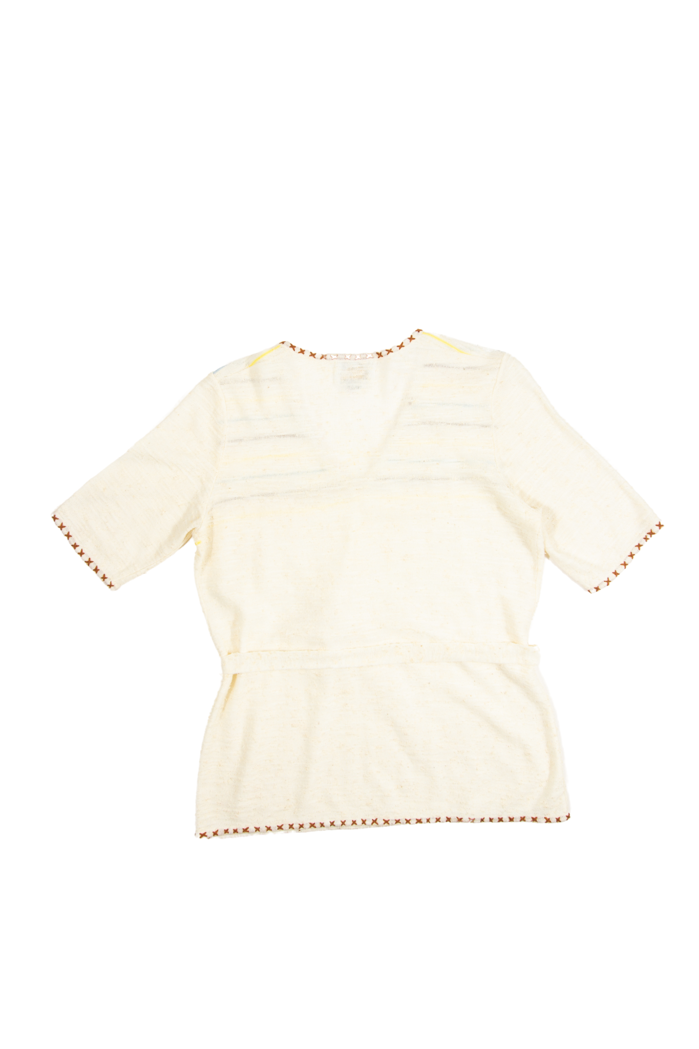 70s Cream Brown Striped V Neck Knit Top with Belt