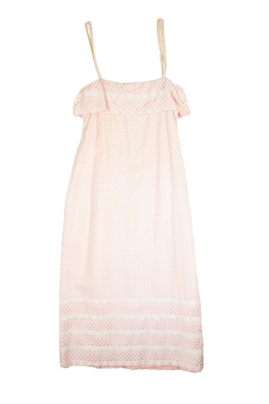80s Cream + Pink Broderie Strappy Wiggle Midi Dress