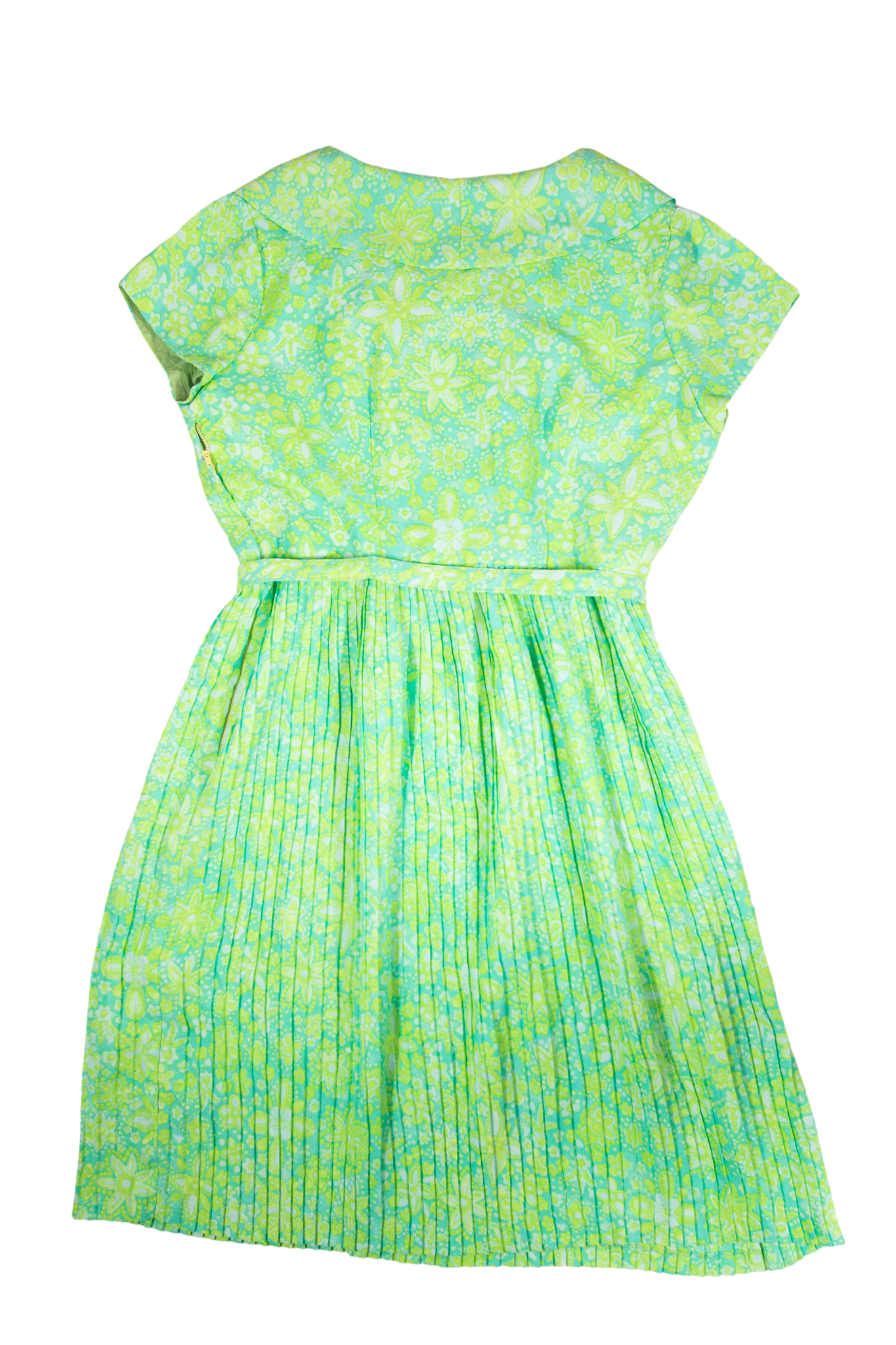 60s Lime Green Floral Belt Pleated Dress