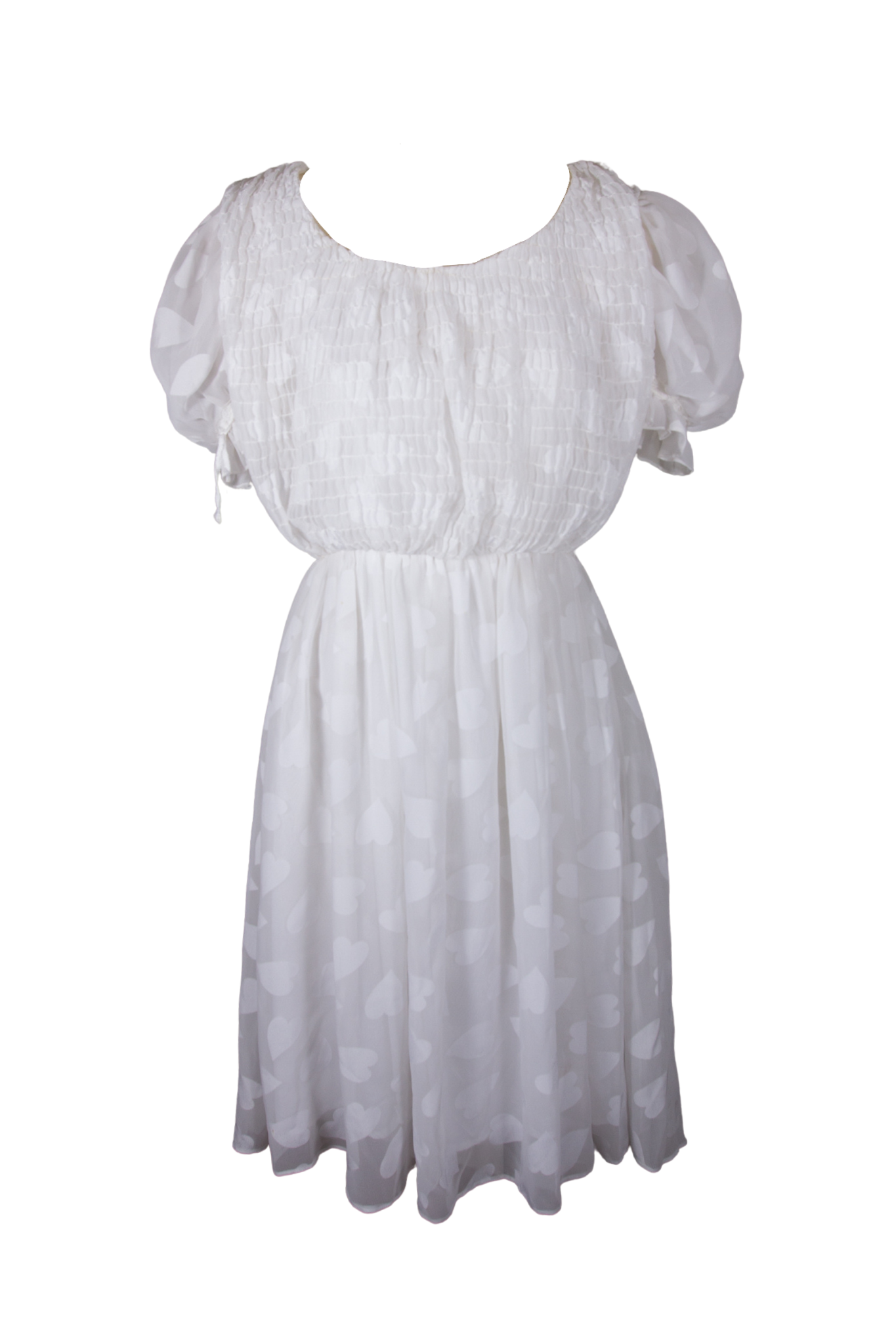 60s White Heart Shirred Sheer Chiffon Puff Sleeve Dress