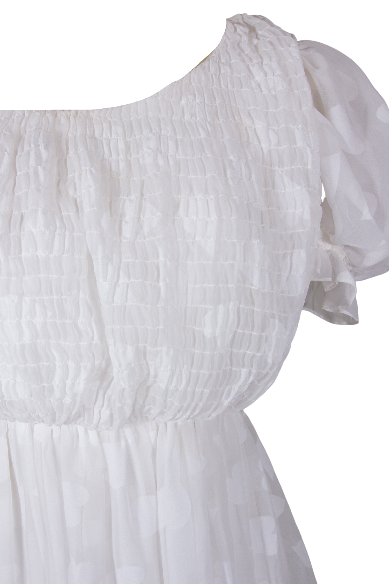 60s White Heart Shirred Sheer Chiffon Puff Sleeve Dress