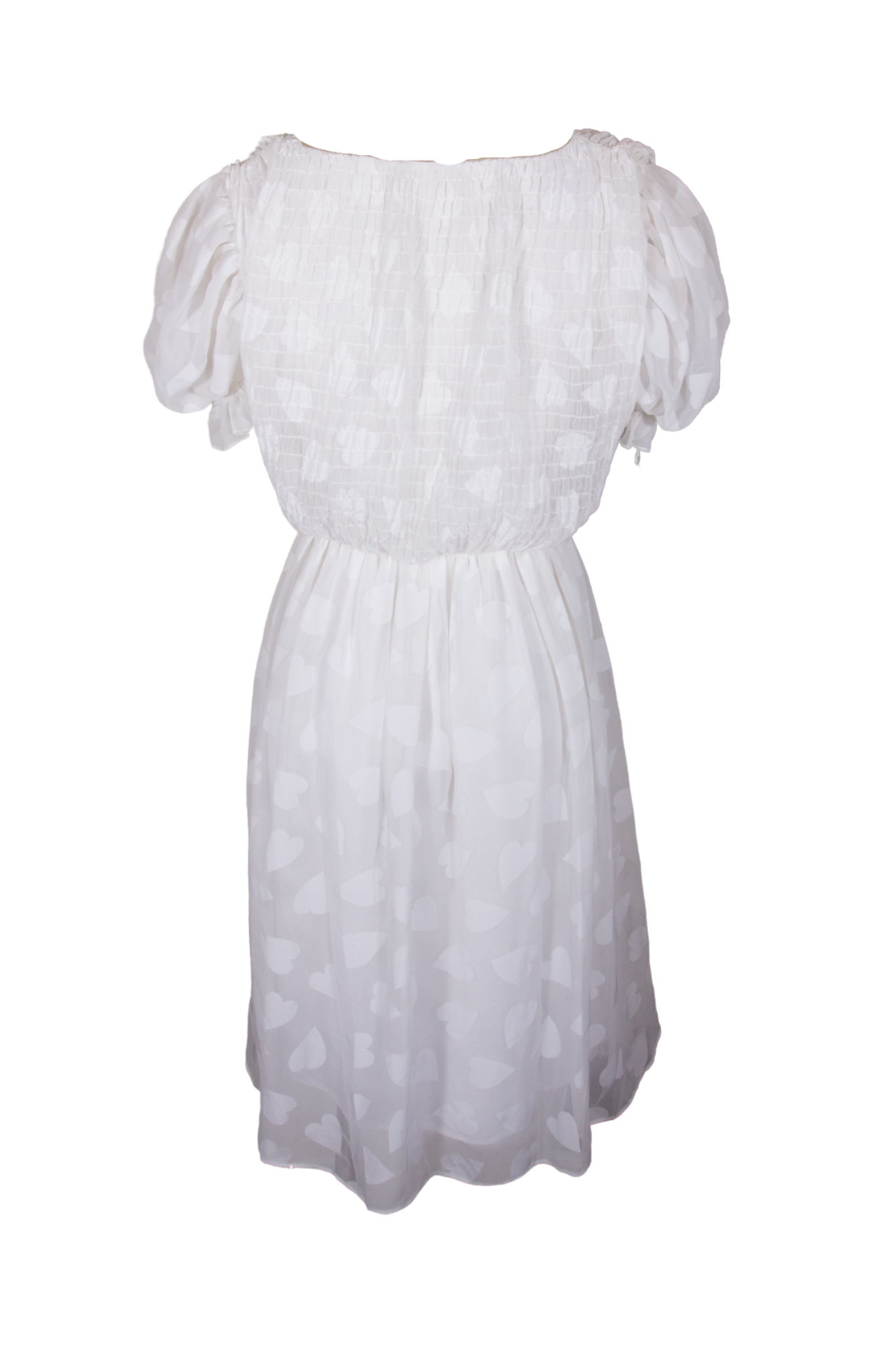 60s White Heart Shirred Sheer Chiffon Puff Sleeve Dress