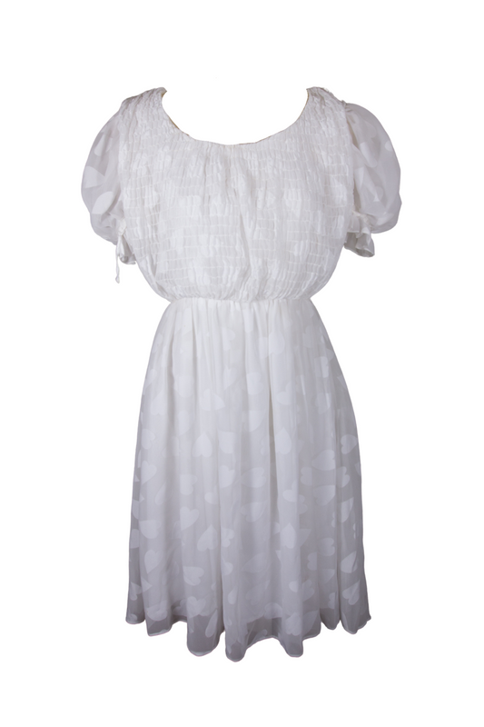 60s White Heart Shirred Sheer Chiffon Puff Sleeve Dress