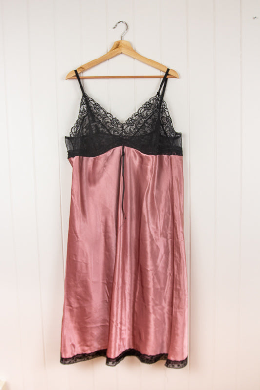 90s Pink & Black Satin Lace Lingerie Slip Dress