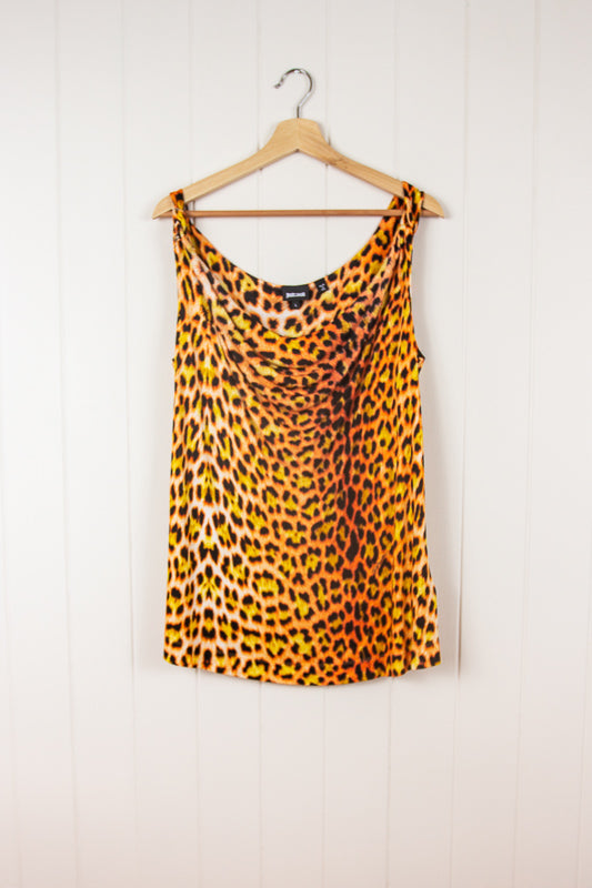 Y2K Orange Leopard Print Cowl Neck Top