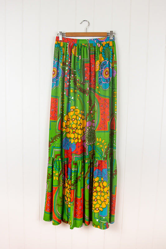 70s Green Floral Maxi Skirt