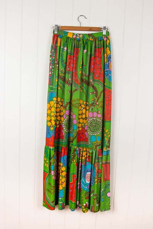 70s Green Floral Maxi Skirt