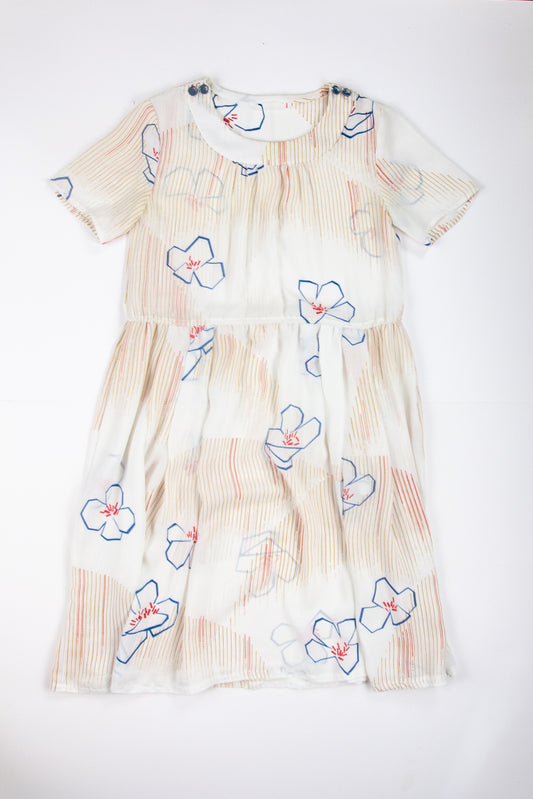 80s Sheer White & Blue Floral Dress
