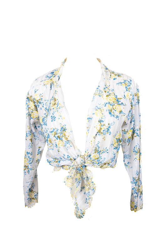 70s Blue White Floral Broderie Tie Top