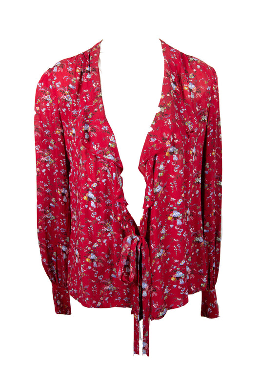 70s Red Floral Sheer Tie Top