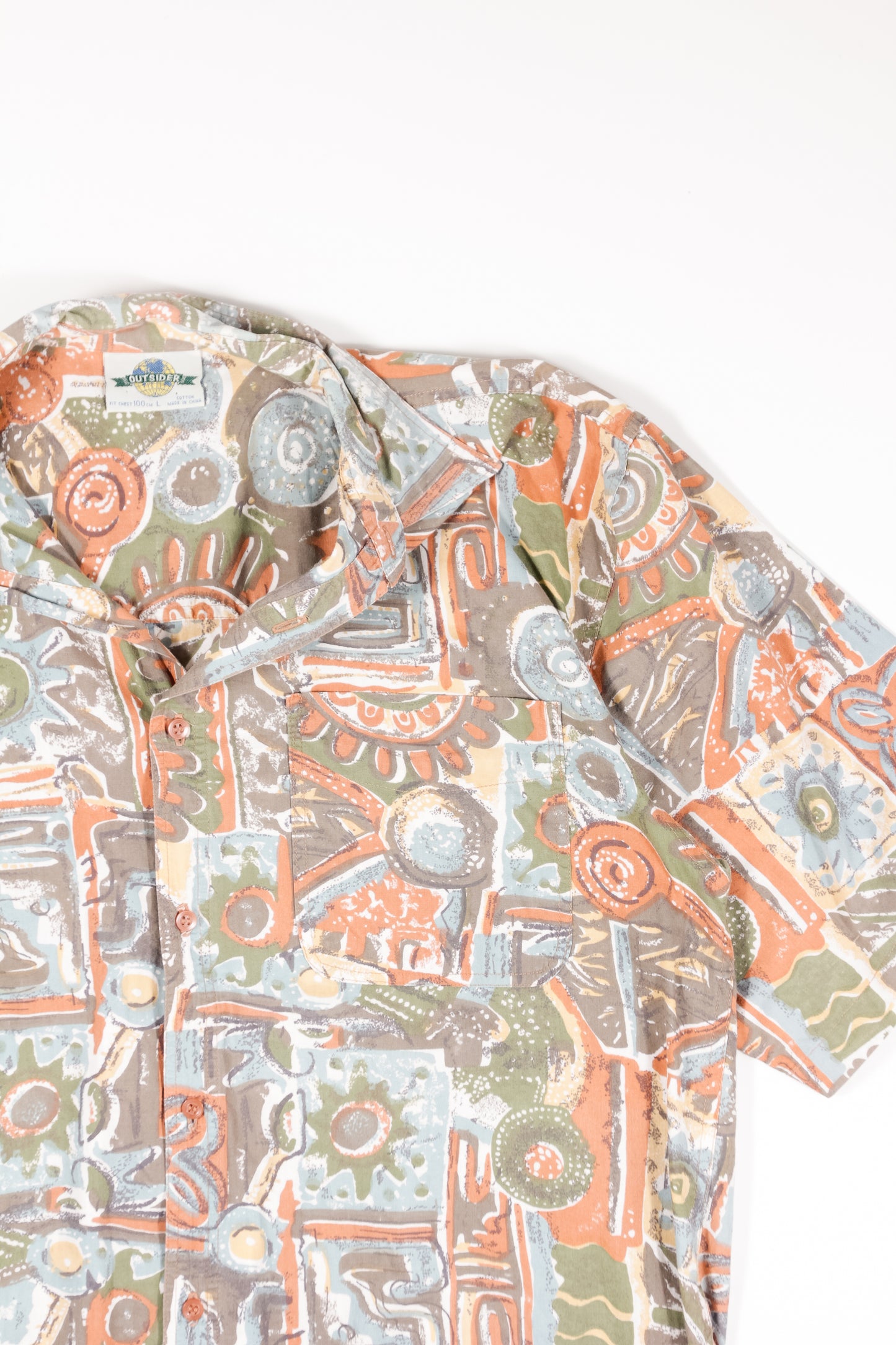 90s Green Orange Abstract Button Up Short Sleeve Shirt