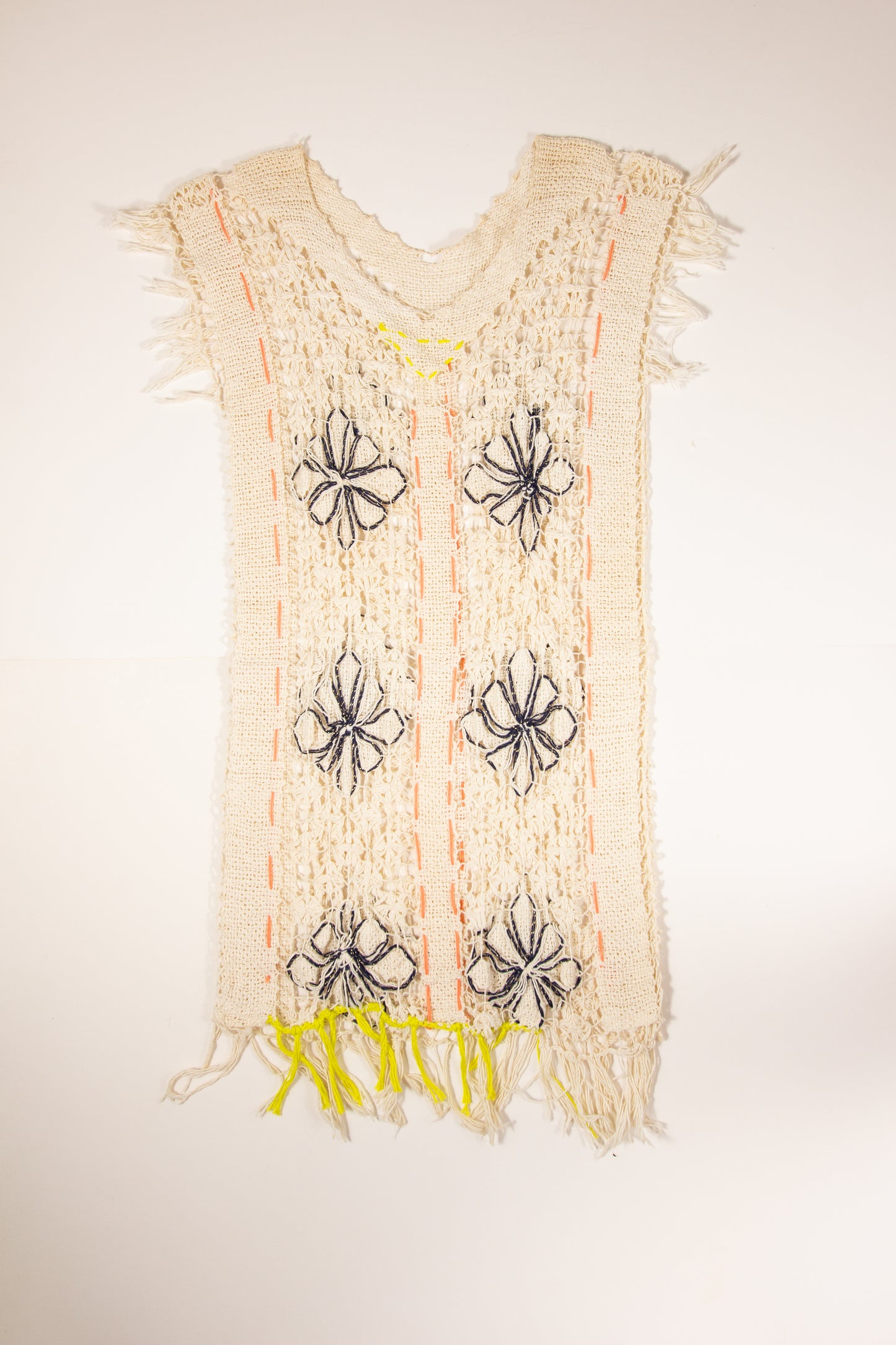 70s Knit Woven Cream Blue Caftan Pullover Sheer Dress
