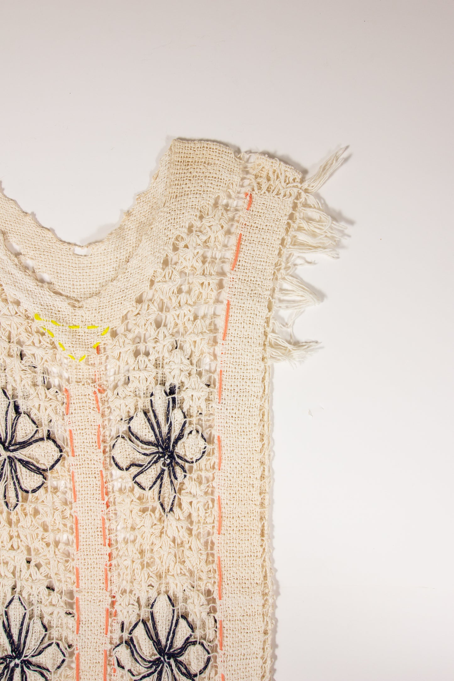 70s Knit Woven Cream Blue Caftan Pullover Sheer Dress