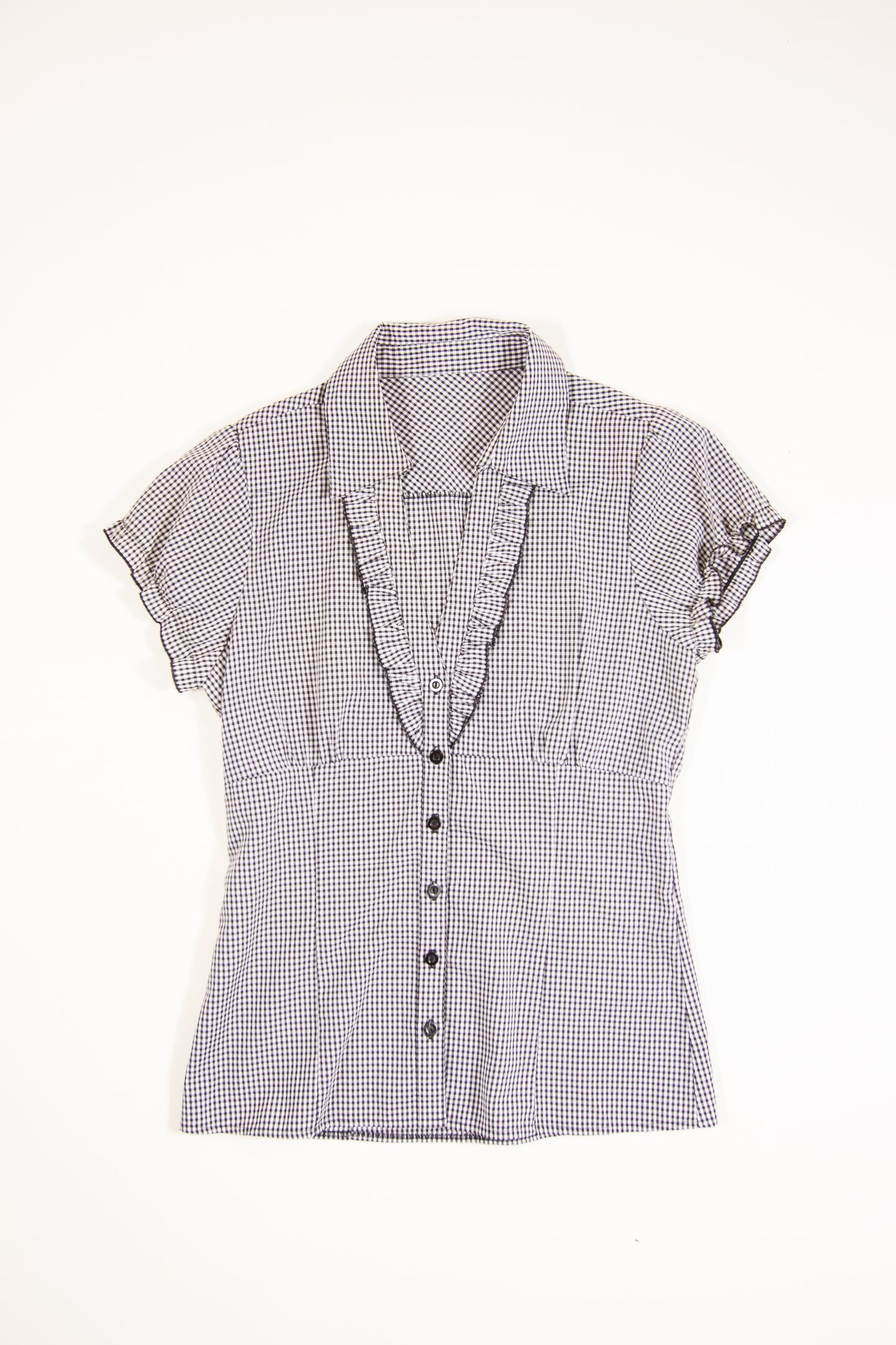 00s Black + White Check Frill Button Up Short Sleeve Top