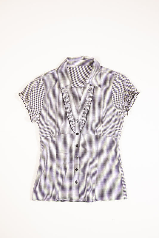 00s Black + White Check Frill Button Up Short Sleeve Top